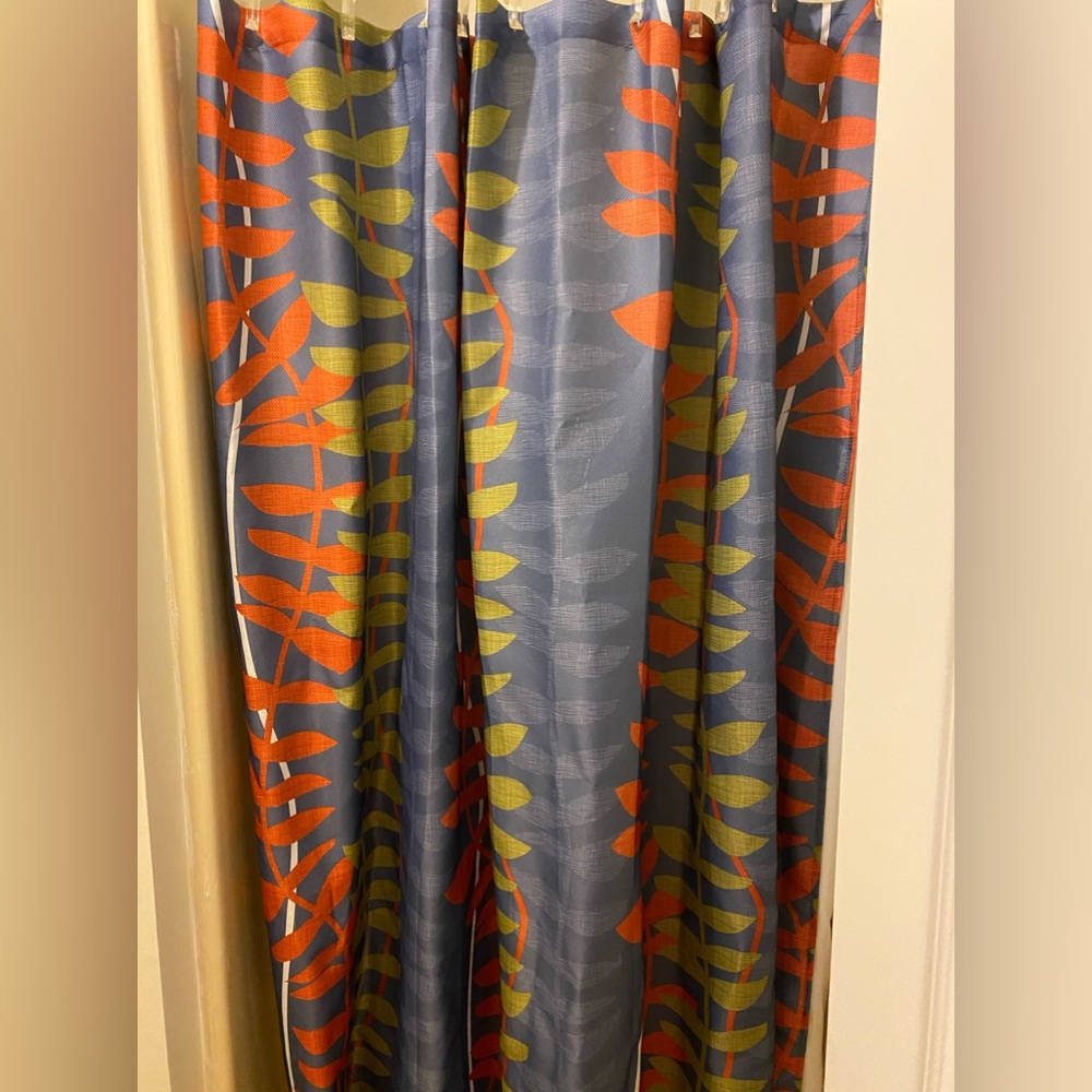 Shower curtain with hooks.